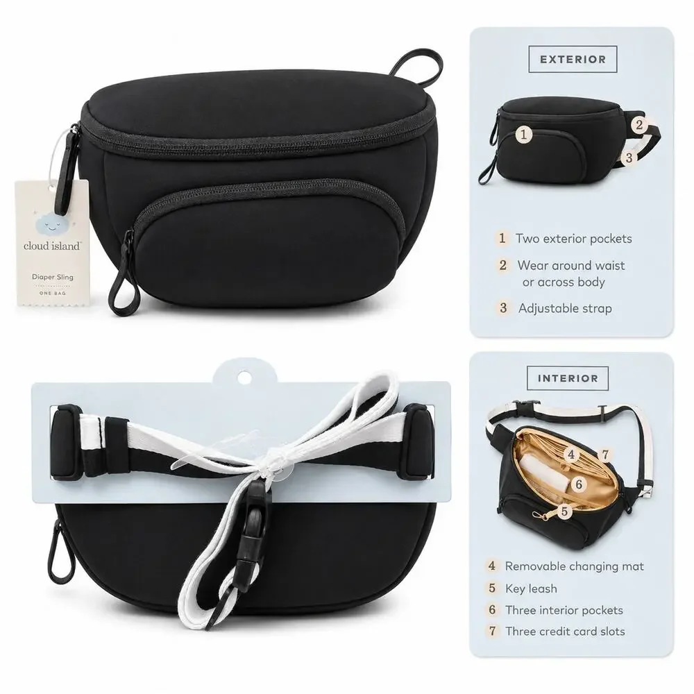 Cloud Island Diaper Sling Crossbody Diaper Bag Black w/ Changing Pad NEW